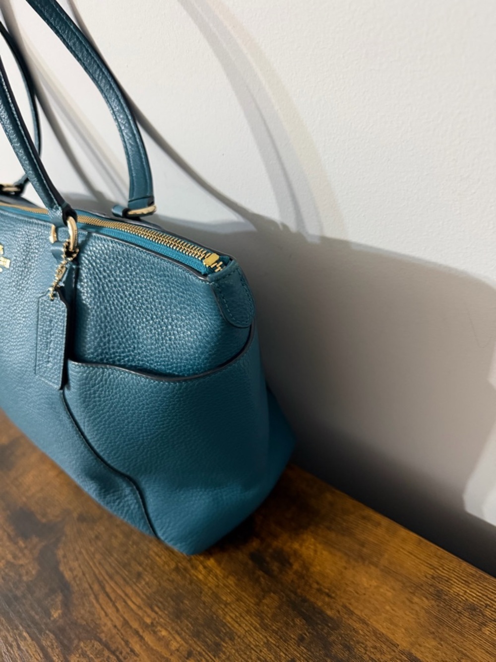 Coach Teal Pebbled Leather Shoulder Tote with Gold Hardware - Picture 10 of 14